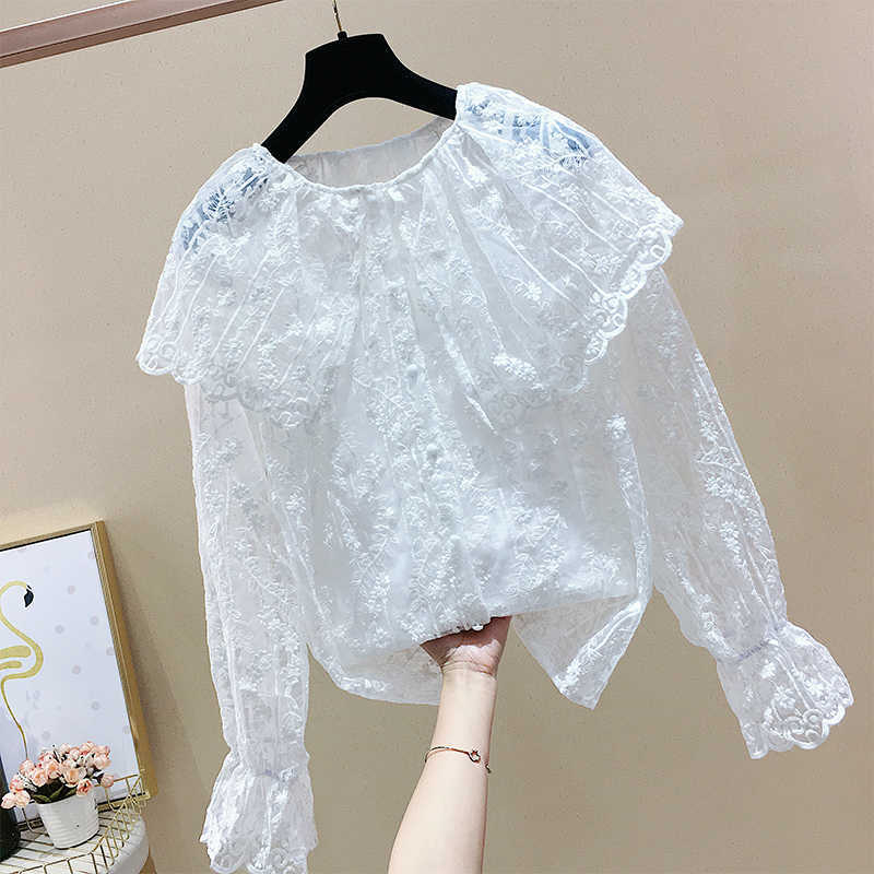 Solid All Match Hollow Perspective Peter Pan Collar Lace Flare Sleeve Shirts Spring Blouse Women 210615, White
Solid All Match Hollow Perspective Peter Pan Collar Lace Flare Sleeve Shirts Spring Blouse Women 210615, White