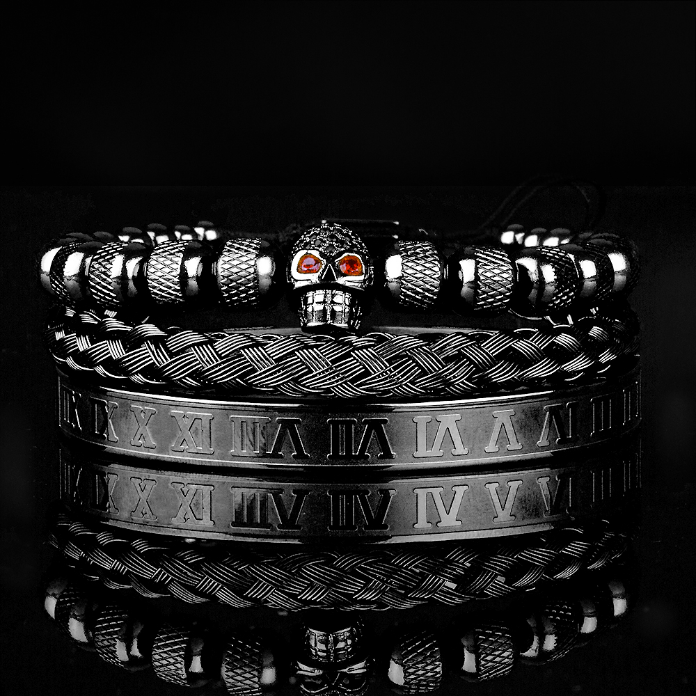 3pcs Luxury Roman Royal Skull Charm Bracelet Men Stainless Steel Geometry Pulseiras Men Open Adjustable Bracelets Couple Jewelry