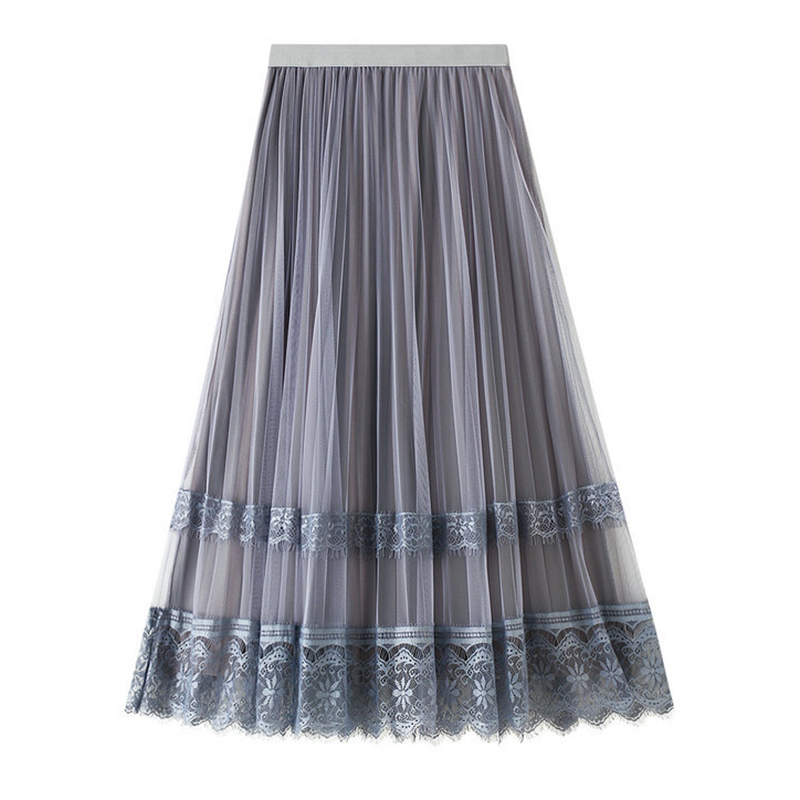 SURMIITRO Korean Reversible Lace Velvet Tulle Long Skirt Women Autumn Winter Black High Waist Pleated Midi Skirt Female 210306