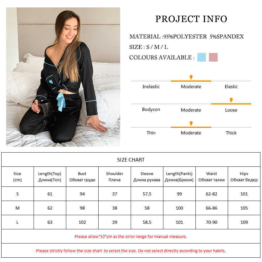 HiLoc Love Satin Sleepwear Women Winter Pajamas Black Long Sleeve Two Piece Set Top And Pants Bow Lace Up Pocket Cute Pajamas 211007