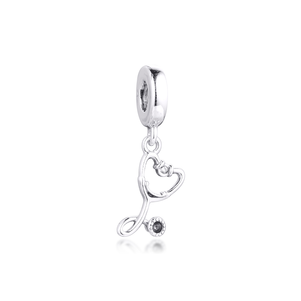 Heart Beads100% Real 925 Sterling Silver Stethoscope Heart Dangle Charms Fit Bracelet Metal Beads Silver Jewelry Q0531