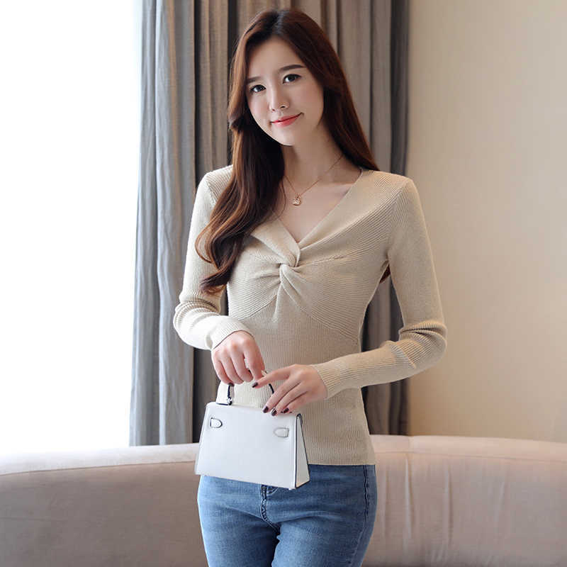 Korean Women Sweater V-neck Woman Knit s Long Sleeve Pullovers s Sueter Mujer Invierno 210531