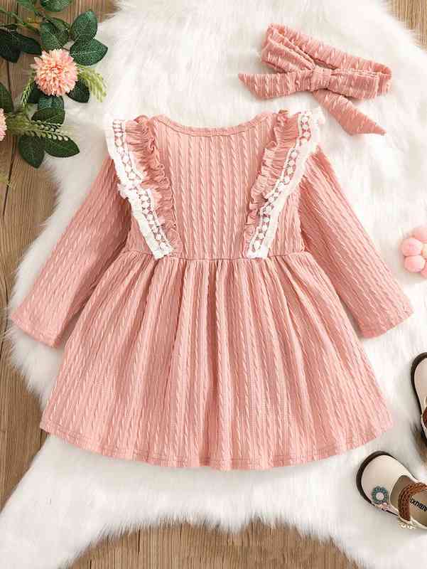 Baby Cable Textured Guipure Lace Ruffle Trim Dress With Headband SHE