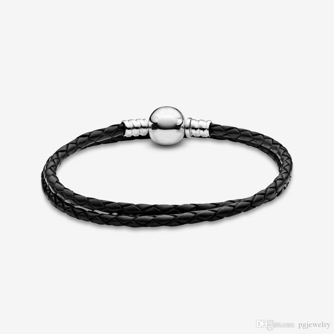 Fine jewelry Authentic 925 Sterling Silver Bead Fit Charm Bracelets Charms Bracelets Moments Double Black & Pink Leather Safety Chain Pendant DIY bead
