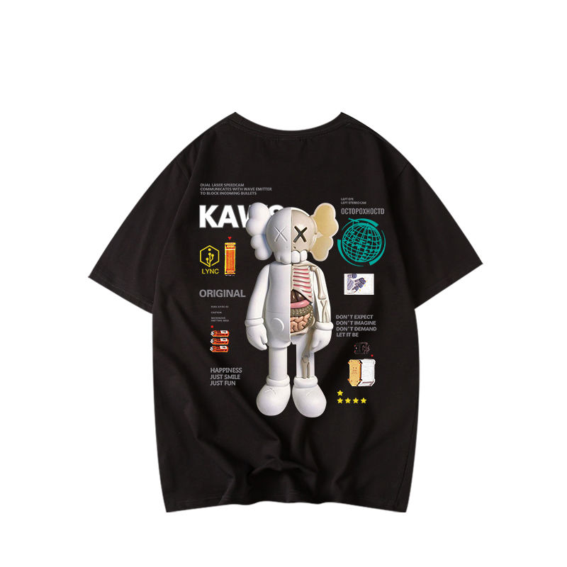 men women kaws sesames Street joint short-sleeved flow printed loose T-shirt, White;black