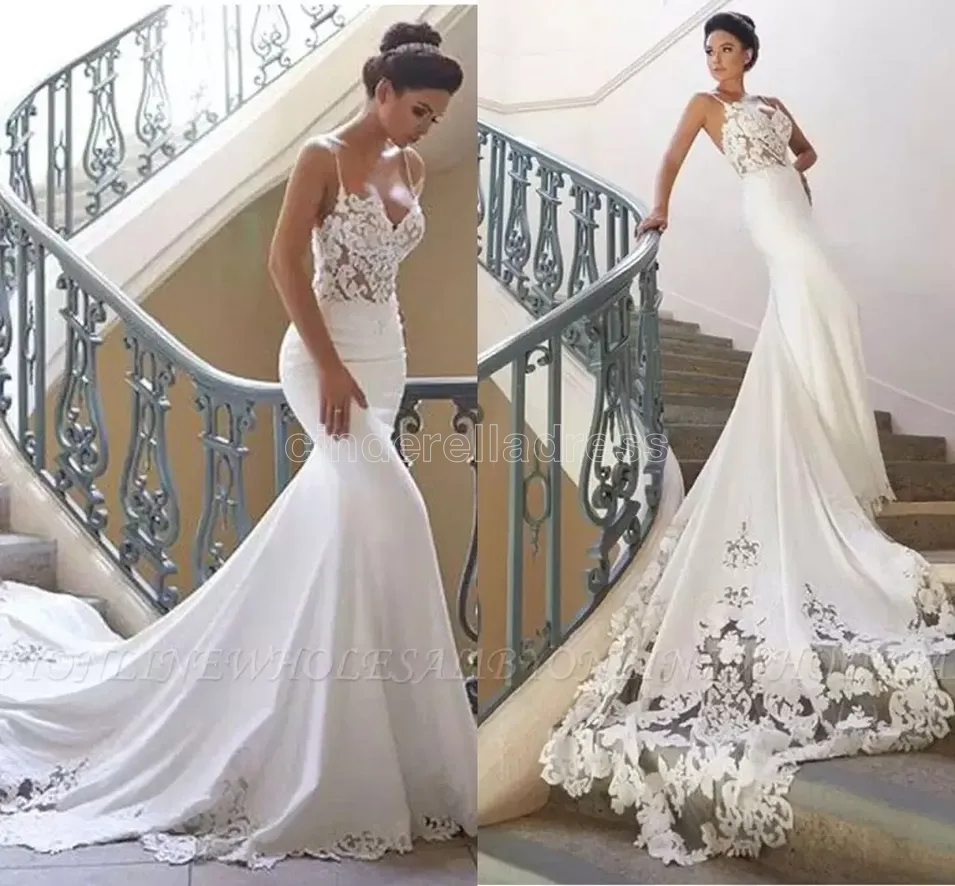 Lace Sexy Appliqued Mermaid Wedding Dresses Vintage Spaghetti Open Back Beach Bohemian Bridal Gown BM Lz0304