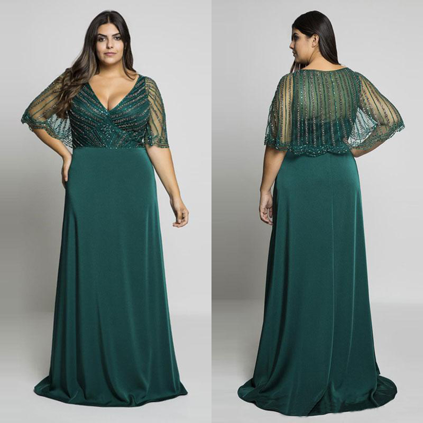 2021 Hunter Green Beading Plus Size Prom Dresses V-Neck Evening Gowns With Wrap A-Line Floor Length Long Formal Dress