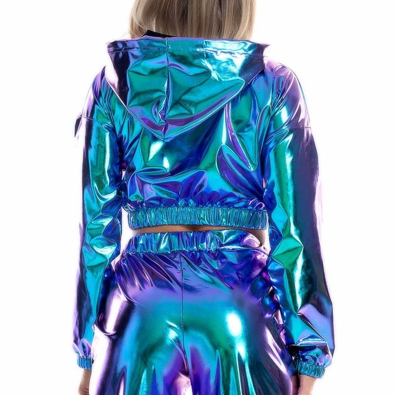 Sexy Cropped Holographic Hoodies Women Shiny PU Metallic Hoody Long Sleeve Short Sweatshirt with Drawstring Pullovers Streetwear 201212