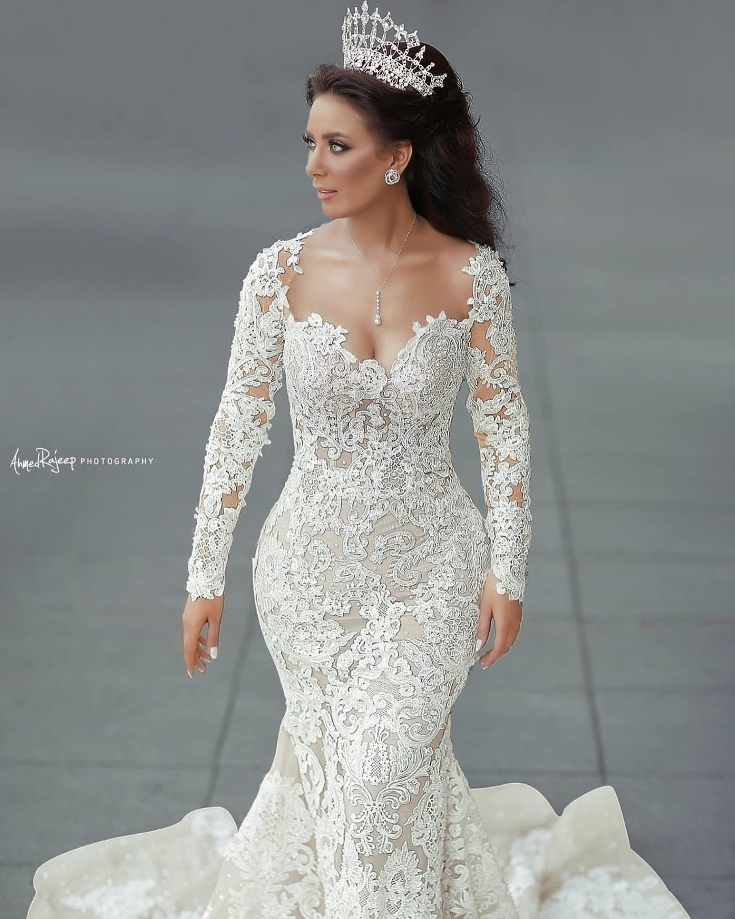 Illusion Long Sleeve Mermaid Wedding Dresses with Detachable Train Luxury Lace Pearls Arabic Aso Ebi Princess Wedding Gown Robes