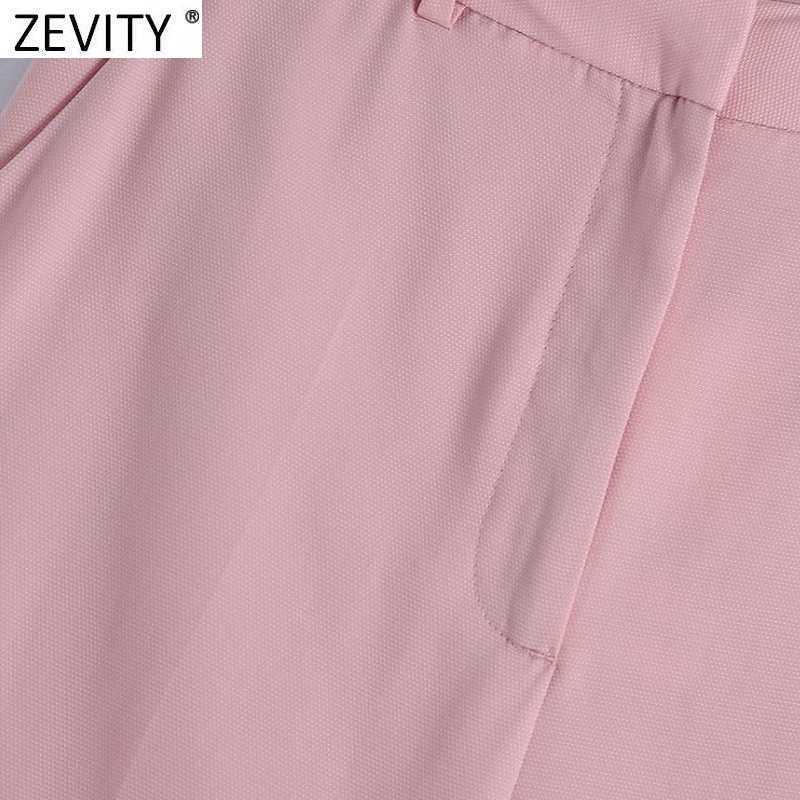 Zevity Women Simply Pink Color Wide Leg Pants Vintage High Waist Office Ladies Zipper Fly Casual Pantalones Mujer P1023 210603