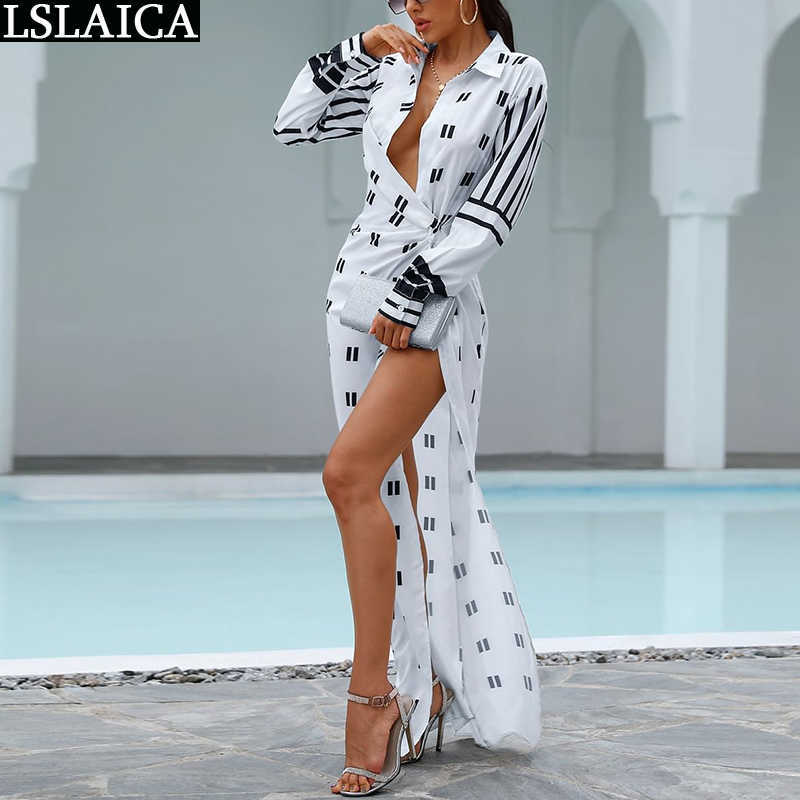 Womens Dresses Turn-down Collar White Geometry Print Streetwear Bandage Dresses Long Sleeve Hollow Out Sexy Hem Split Long Dress 210630