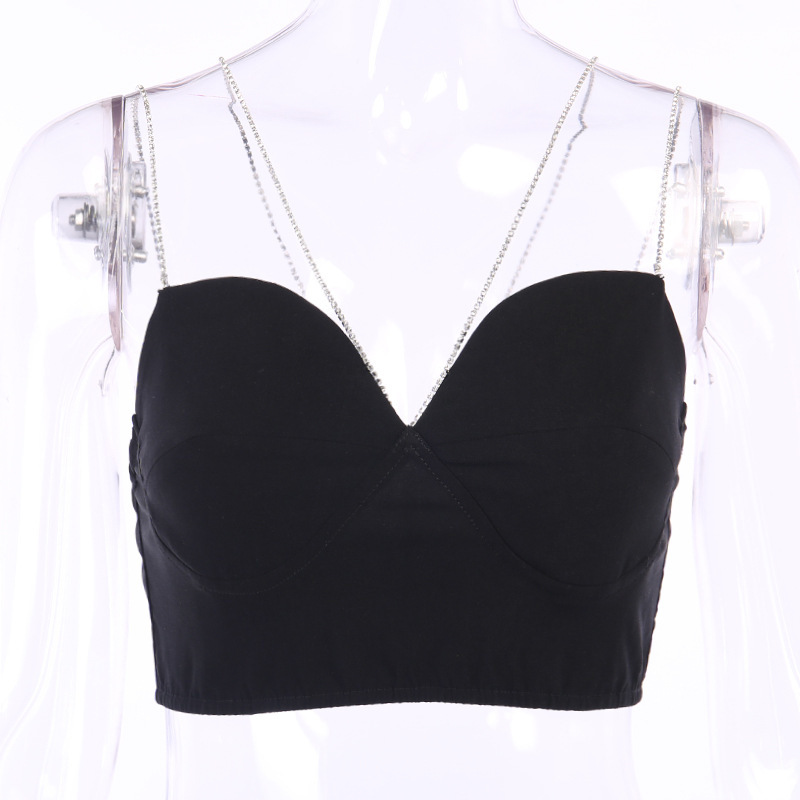 New shiny crystal strap Vest Personality Women black crop tops Fashion Tide All-match 210308