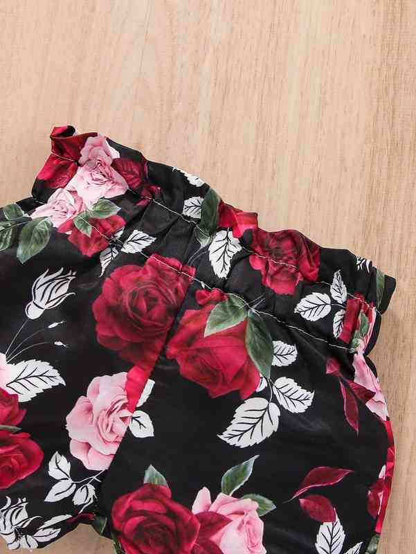 Baby Floral Print Heart Embroidery Bodysuit & Shorts With Headband SHE