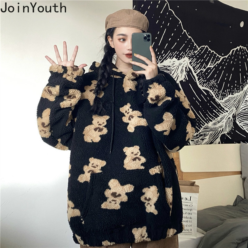 Joinyouth Sweatshirt Fall Winter Clothes Women Korean Hooded Cartoon Bear Thicked Outwear Lamb Wool Loose Casual Hoodies Coat 201202