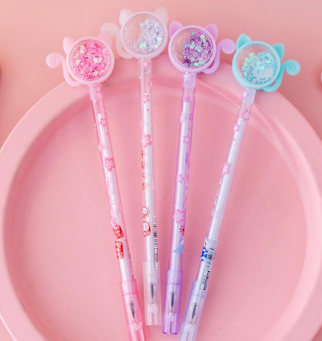 Transparent Cat Sequins Gel Pen 0.5mm Student Cute Signature Gel Stationery Pens School Office Supplies Writing Tools GC759