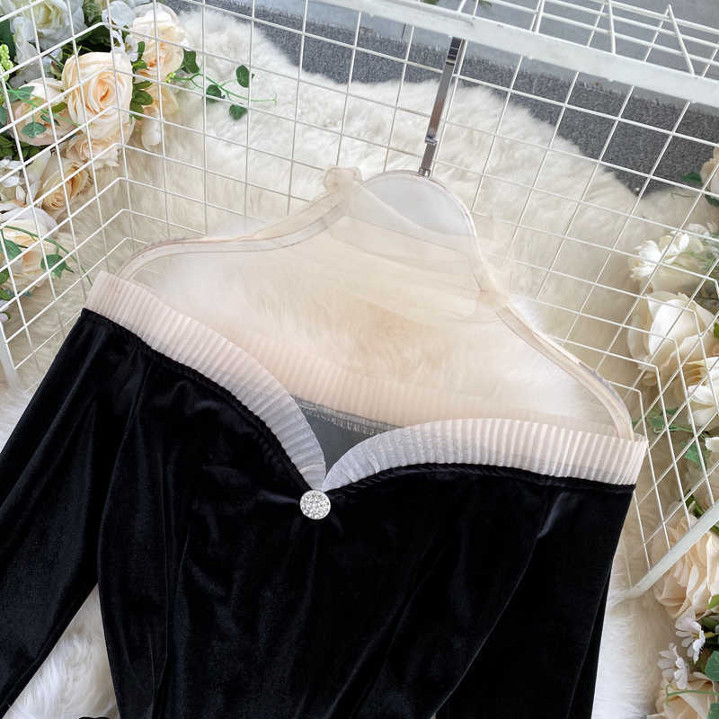 LY VAREY LIN Spring Autumn Women Mesh Patchwork Off Shoulder Black Party Blouse Ladies Tops Fashion Gothic Velvet Shirt 210526