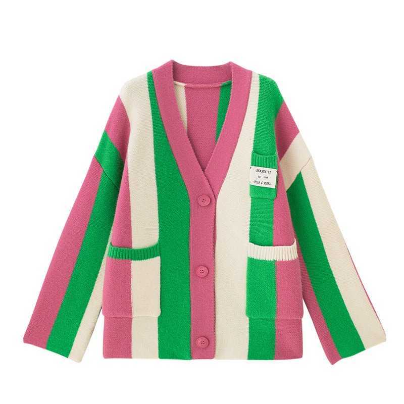 Korean Girls Sweaters Autumn Sweater Colorful Striped Cardigan Women's Single Breasted V-neck Knitwear Cozy Loose Cardigans 210930