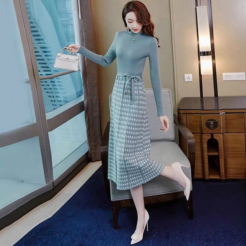 Autumn winter Vintage printed Knitted Sweater pleated Dress women OL Elegant sweater dress with belt female aline slim dress 201008