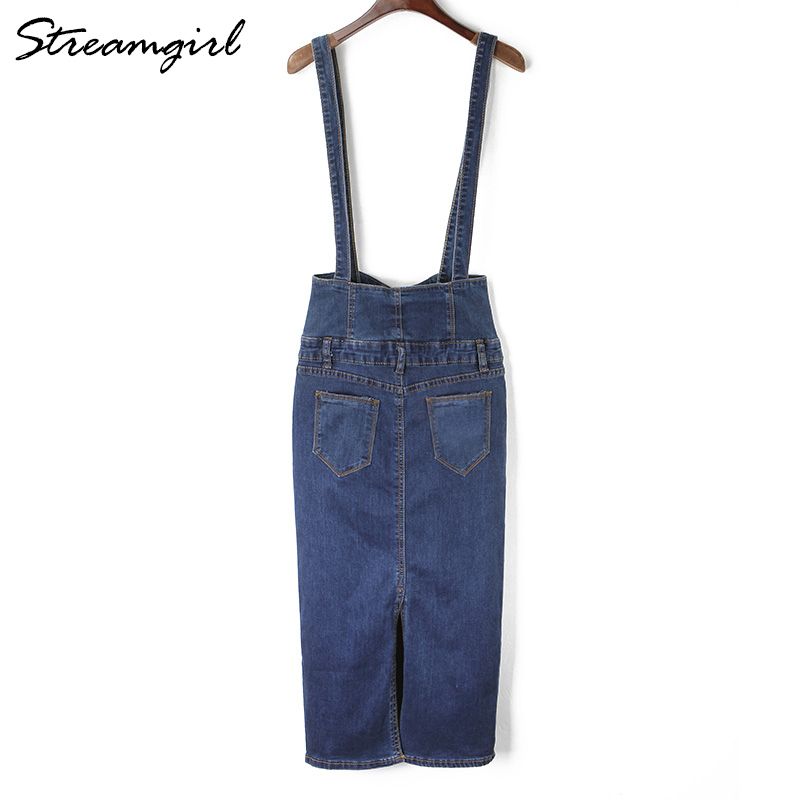 Streamgirl Long Denim Skirt With Straps Women Button Jeans Skirts Plus Size Long High Waist Pencil Skirt Denim Skirts Womens 210306