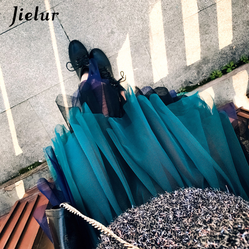 Jielur Tulle Skirt Spell Color Elastic High Waist Skirts Womens Dance Tutu Skirts Irregular Skirt Lolita Petticoat Midi Rokken 210309