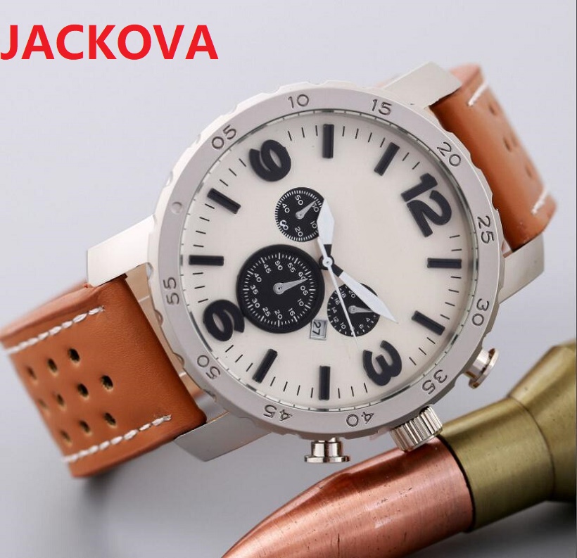 

Montre De Luxe Leather Strap quartz fashion mens big dial watches auto date men dress designer watch wholesale male gifts wristwatch all sub dials not working, As pic