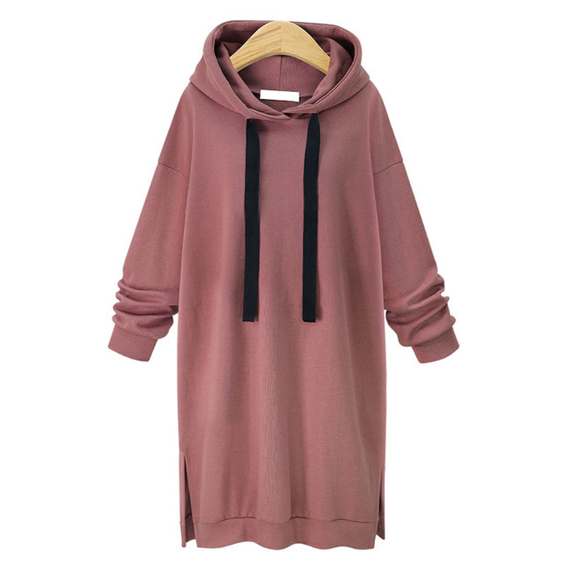 Autumn Winter Women Hoodies Casual Side Split Long Sleeve Slim Plus Thick Sweatshirt Dress Pullover Long Drawstring Hoodie 201102