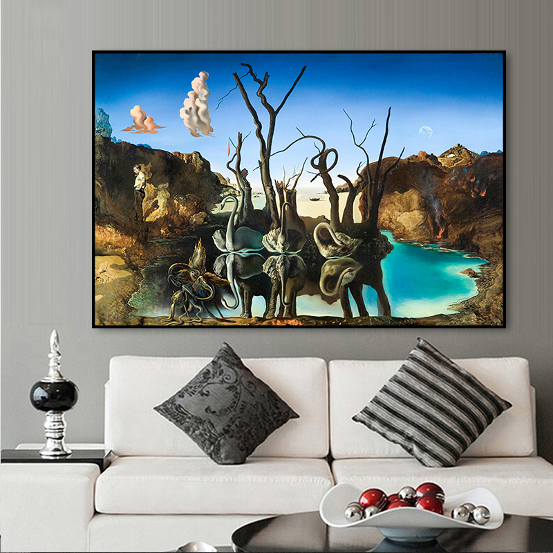 Salvador Dali Swans Reflecting Elephants Canvas Painting Abstract Posters and Print Wall Art Picture Living Room Decor Cuadros