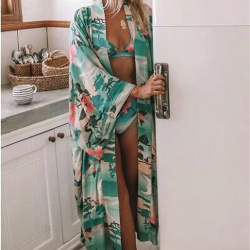 Bohemian V neck Crane Lotus Flower Print Long Kimono Shirt Ethnic Lacing up With Sashes Long Cardigan Loose Blouse Tops 210225