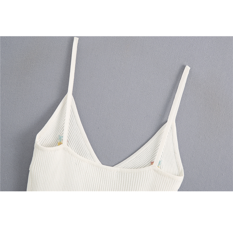 new woman summer sexy white V-neck embroidery knit short crop camisole sleeveless tops bottoming vest 210308