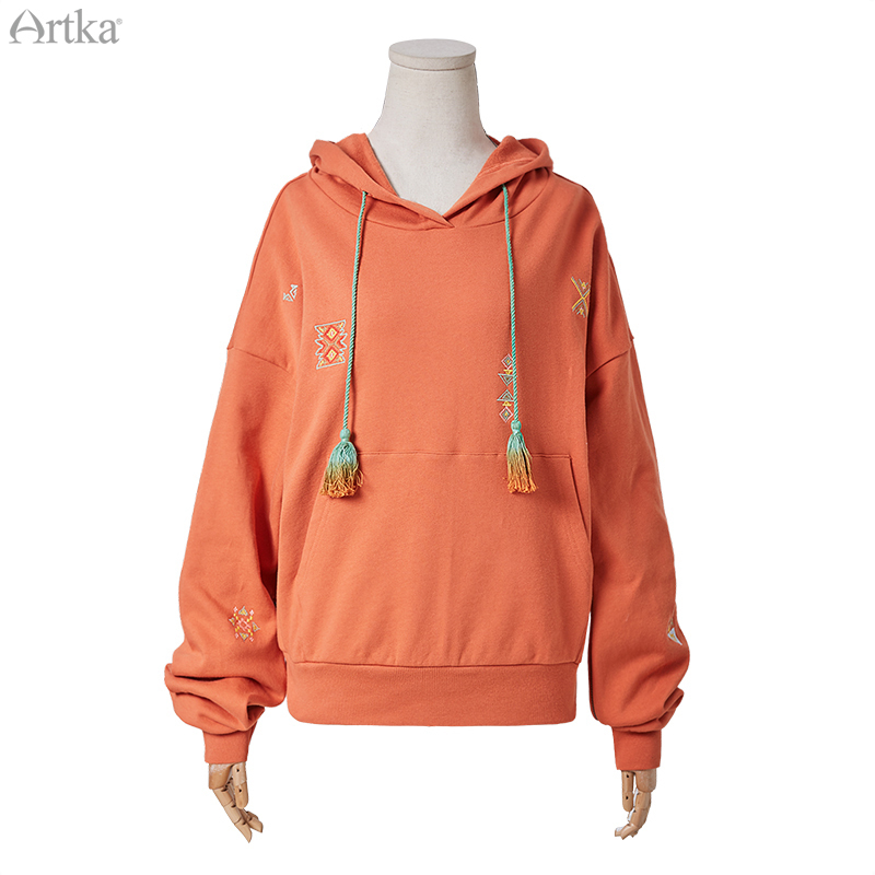 ARTKA Autumn New Women Hoodies Vintage Embroidery O-Neck Pullover Casual Hoodies Zip Long Sleeve Sweatshirt Women VA20104C 201126
