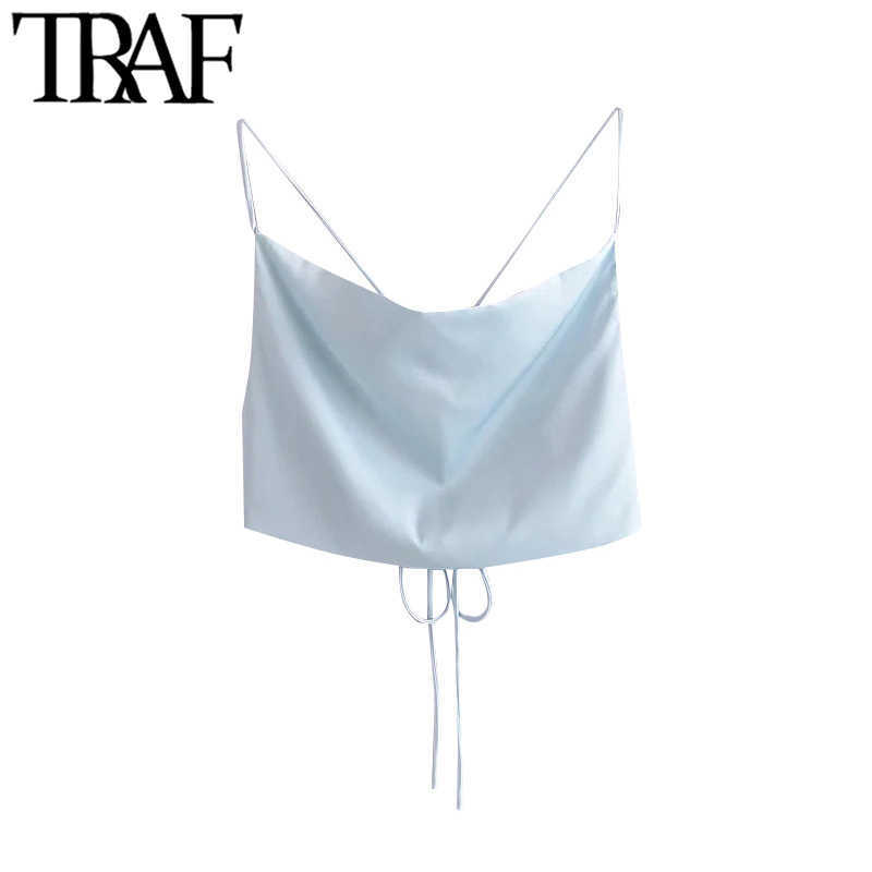 TRAF Women Sexy Fashion With Tied Soft Touch Cropped Tank Tops Vintage Backless Cross Thin Straps Female Camis Mujer 210625