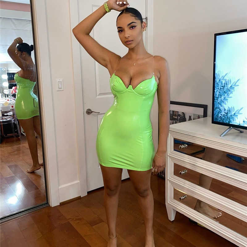 Colysmo PU Leather Party Dress Women Neon Pink Backless Club Sexy Transparent Straps Padded Low Cut Mini es Vestidos 210527