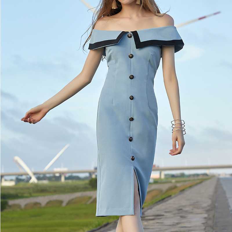 Summer Party Temperament Slash Neck Dresses for Women Fashion Sexy Button Split Elegant Fresh Vestido Feminino 210525