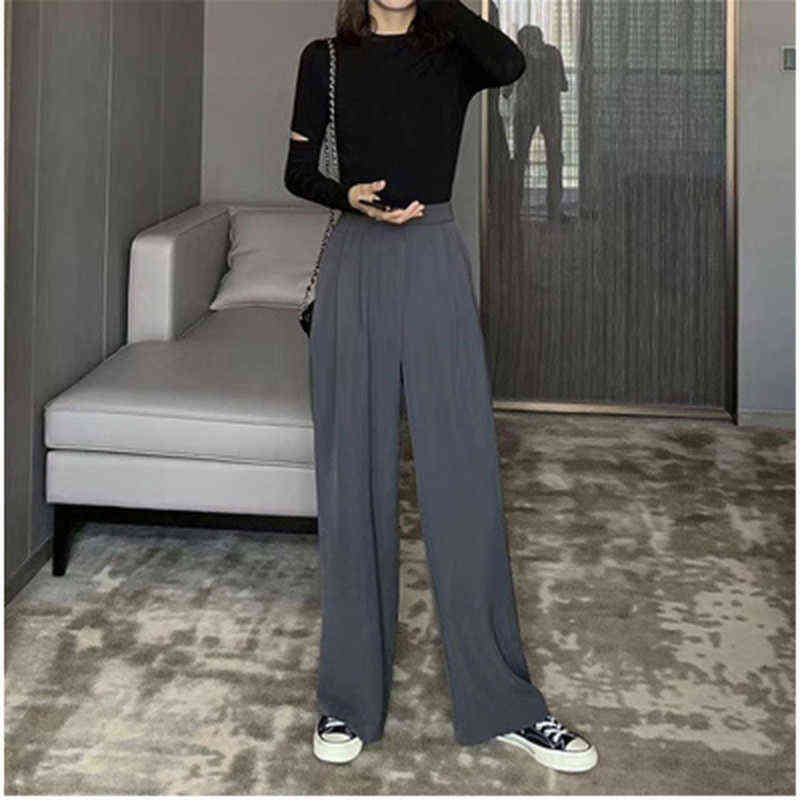 Retro Solid Color Wild Straight Wide Leg Pants Female Spring Korean Fashion High Waist Casual Long 211115