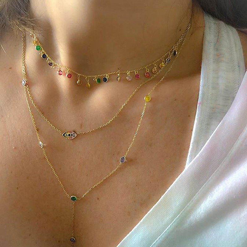New 925 Sterling Silver Dainty Chandalier Layering Necklace CZ Round Bezel Drip Necklace Gold Filled Delicate Rainbow Cz Choker Jewelry