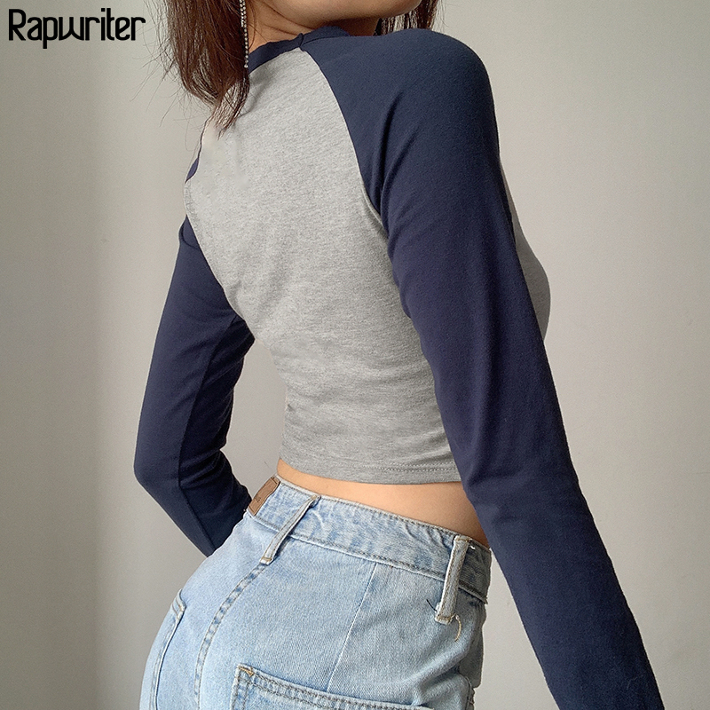 Panelled Cute Letter Print Cotton Y2k Aesthetic t shirt Women Harajuku O-Neck Long Sleeve Slim Crop Tops Tee Shirt feminina 210302