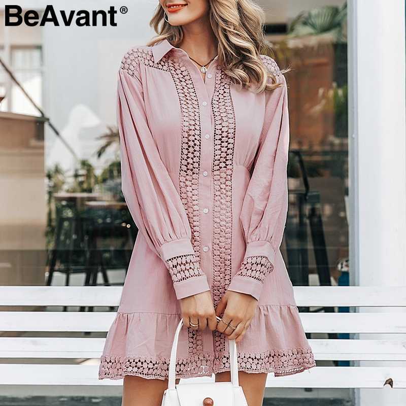 BeAvant Elegant lace cotton dress women Long sleeve hollow out ruffle autumn short dresses Buttons office ladies winter vestidos 210709