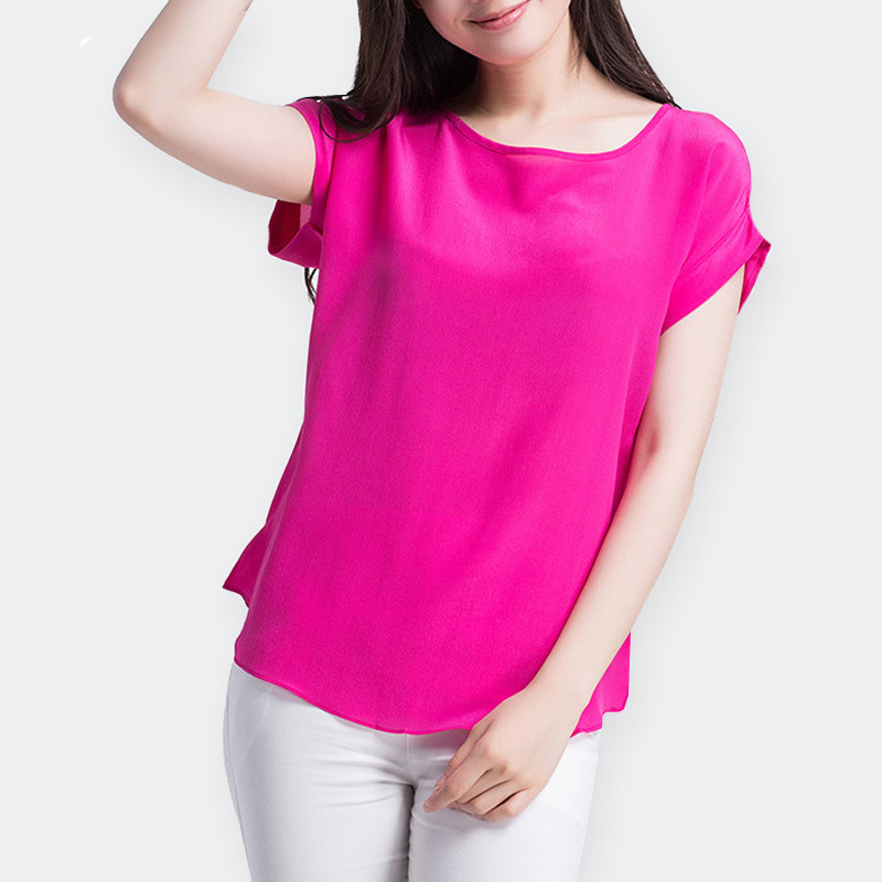 Women Real Silk T Shirt Short Bat sleeved Solid chiffon loose shirt 100% Natural silk Basic Top Plus size Summer bottoming 210306