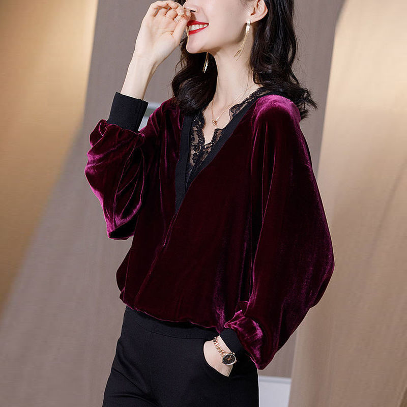 Autumn winter women blouse velvet shirts tops vintage long-sleeved lace v-neck blouses casual loose ladies tops female clothes 210225