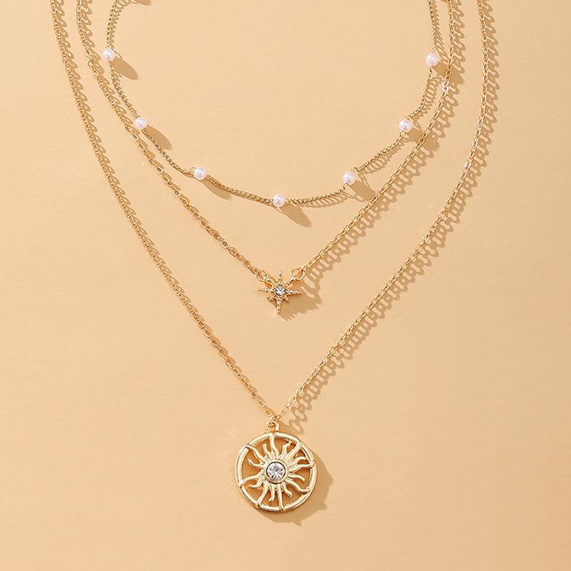 Chains Vintage Sinulation Pearl Geometric Sun Pendant Choker Necklace Jewelry For Women Fashion Gold Color Chain Jewellery Bijoux Femme