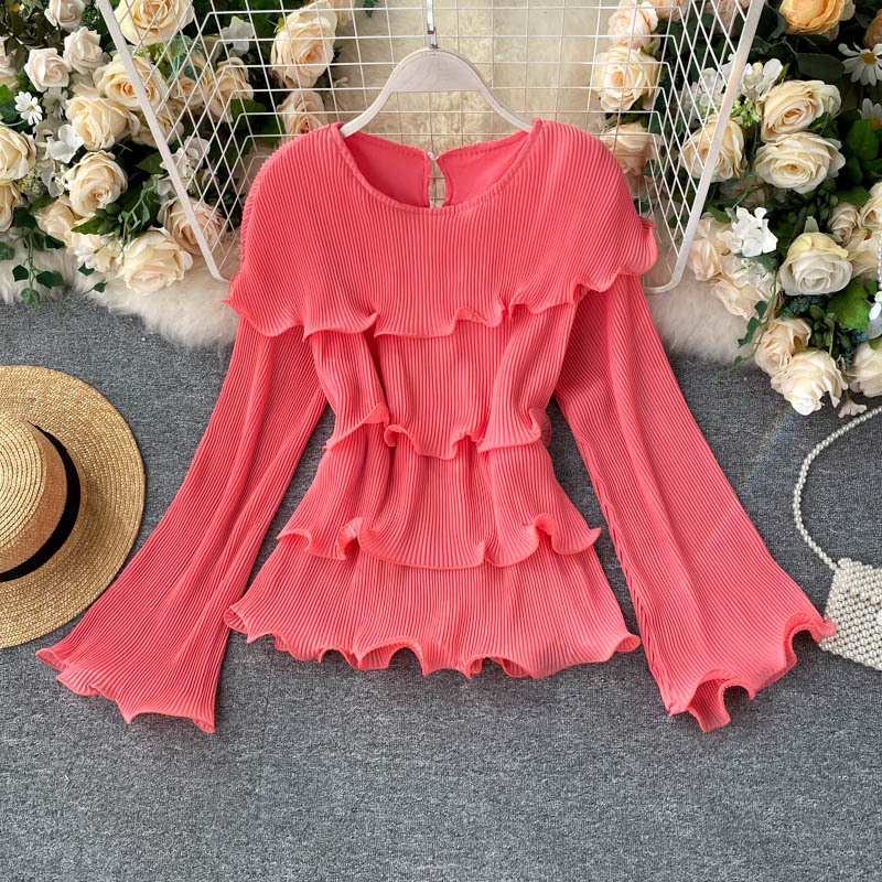 Ins 3D Flounce Round Neck Long Flare Sleeve Pleated Women's Chiffon Blouse Lady Solid Color Elegant Shirts and Tops N744 210308