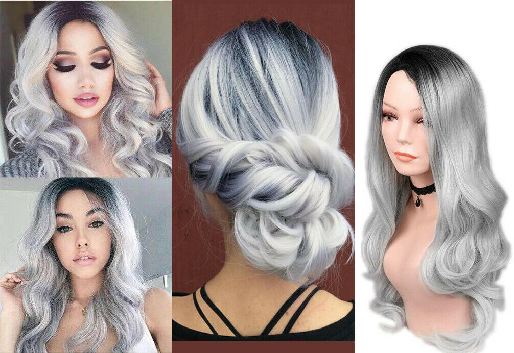 Women's Long Wavy Curly Ombre Black Root Silver Grey Cosplay Anime Wigs