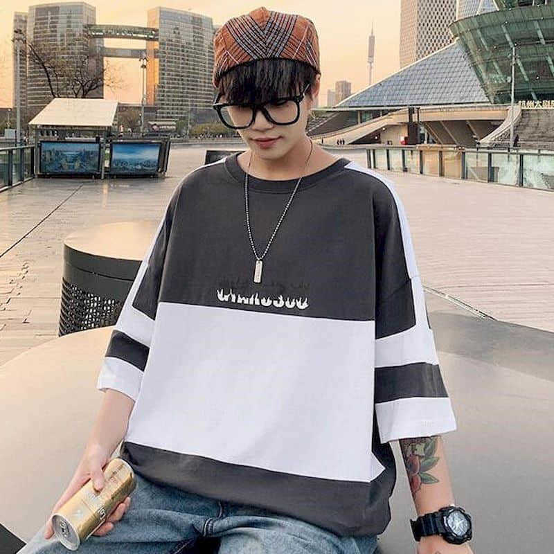 Cotton summer stitching short-sleeved t-shirt male students Korean loose trend youth clothes five-point sleeve men's clothing 210526