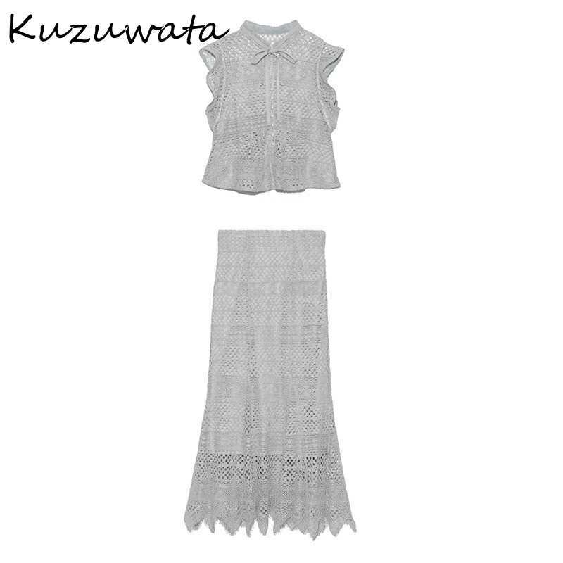 Kuzuwata Elegant Lace Hook Flower 2 Pcs Women Set O Neck Sleeveless Ruffles Shirt + High Waist Hip Slim Skirt Summer Suit 210708