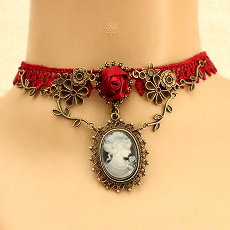 Pendant Necklaces Women039s Water Choker Necklace Stylish Cameo Red Rose Lace Fashion Jewelry Women Gift Xmas