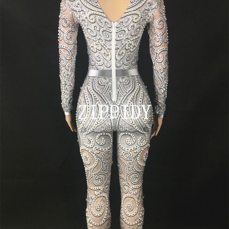 Fashion Pearls Rhinestones Bodysuit Big Stretch Sexy Jumpsuit Stage Birthday Evening Party Celebrate Singer Dance outfit T200303