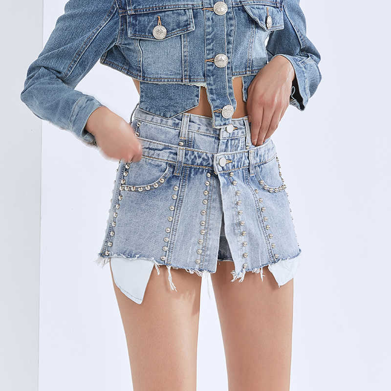 TWOTWINSTYLE Patchwork Rivet Tassel Denim Shorts For Women High Waist Sexy Wide Leg Fashion Clothing Summer 210724