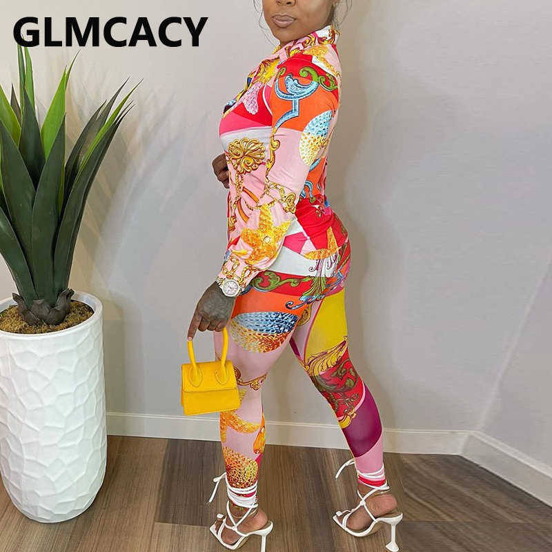 Two Piece Elegant Suits Long Sleeve Button Down Shirt Blouse & Slim Pants Set 210702