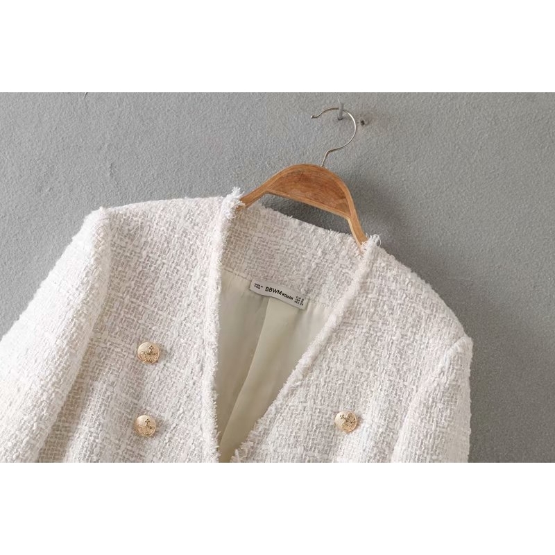 Women elegant white coat double breasted V neck buttons jacket office wear female casual outwear top blusas T200212