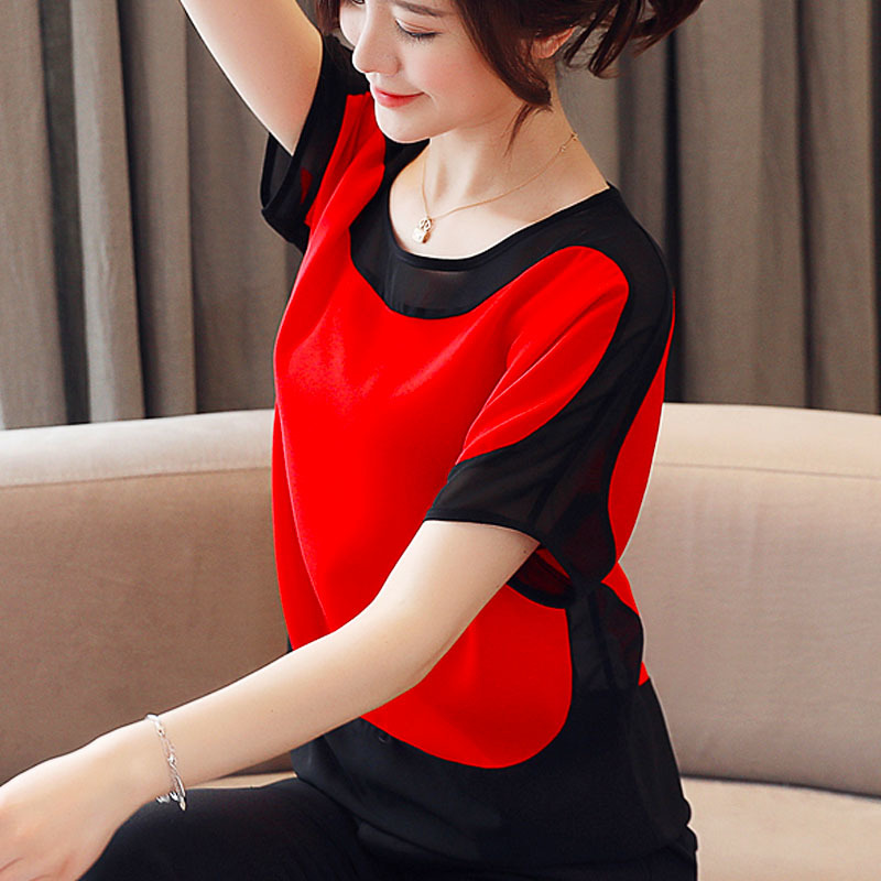 Womens Tops And Blouses Fashion Chiffon Blouse Plus Size Ladies Tops Shirts Solid Short O-Neck Batwing Sleeve 3397 50 210225
